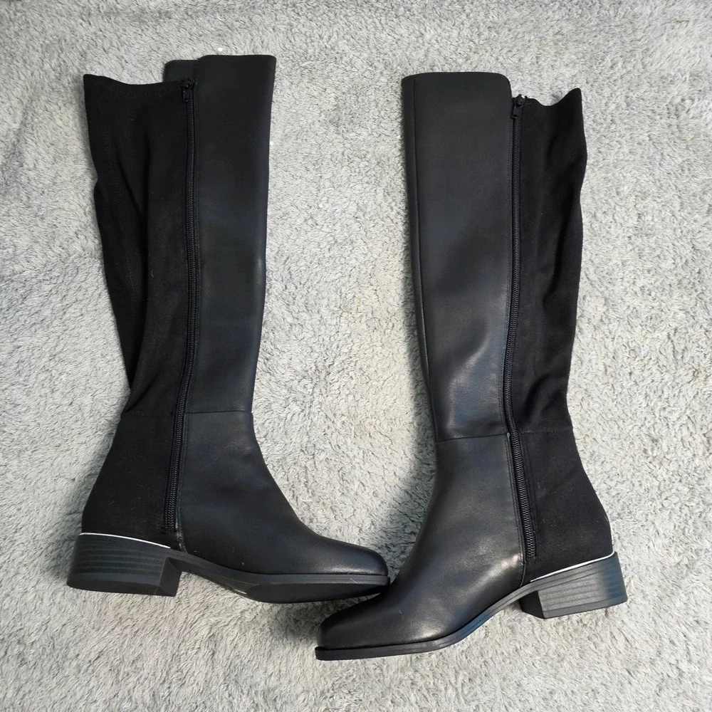 NEW Alfani Step Flex Black Leather Suede Over The Knee Boots Stretch Calf‎ 5.5M